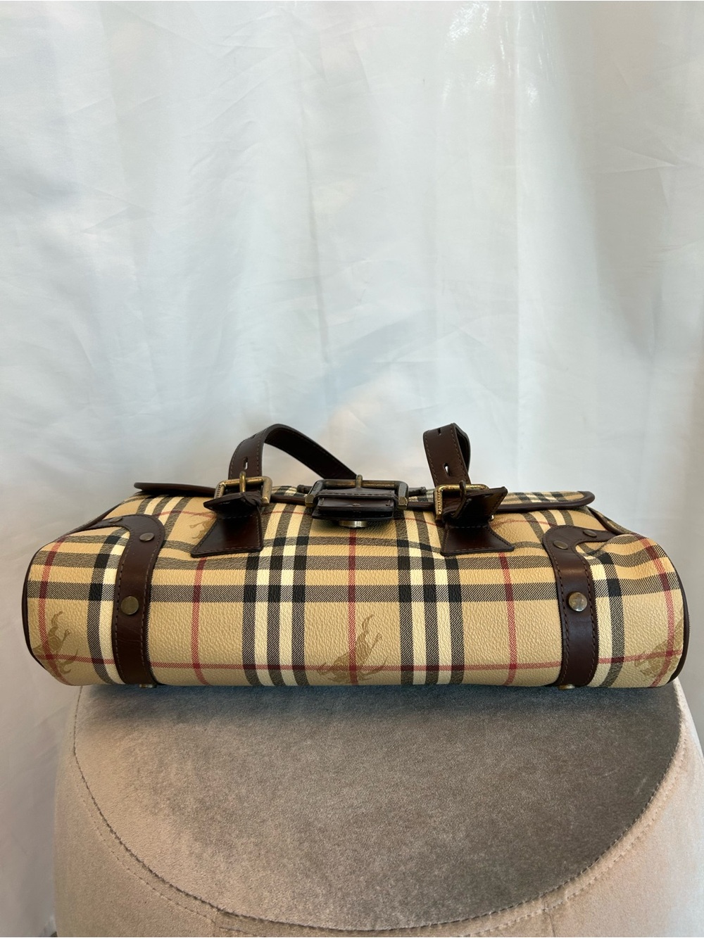 Burberry Haymarket Check Coated Canvas shoulder bag brown leather trim - Picture 6 of 17